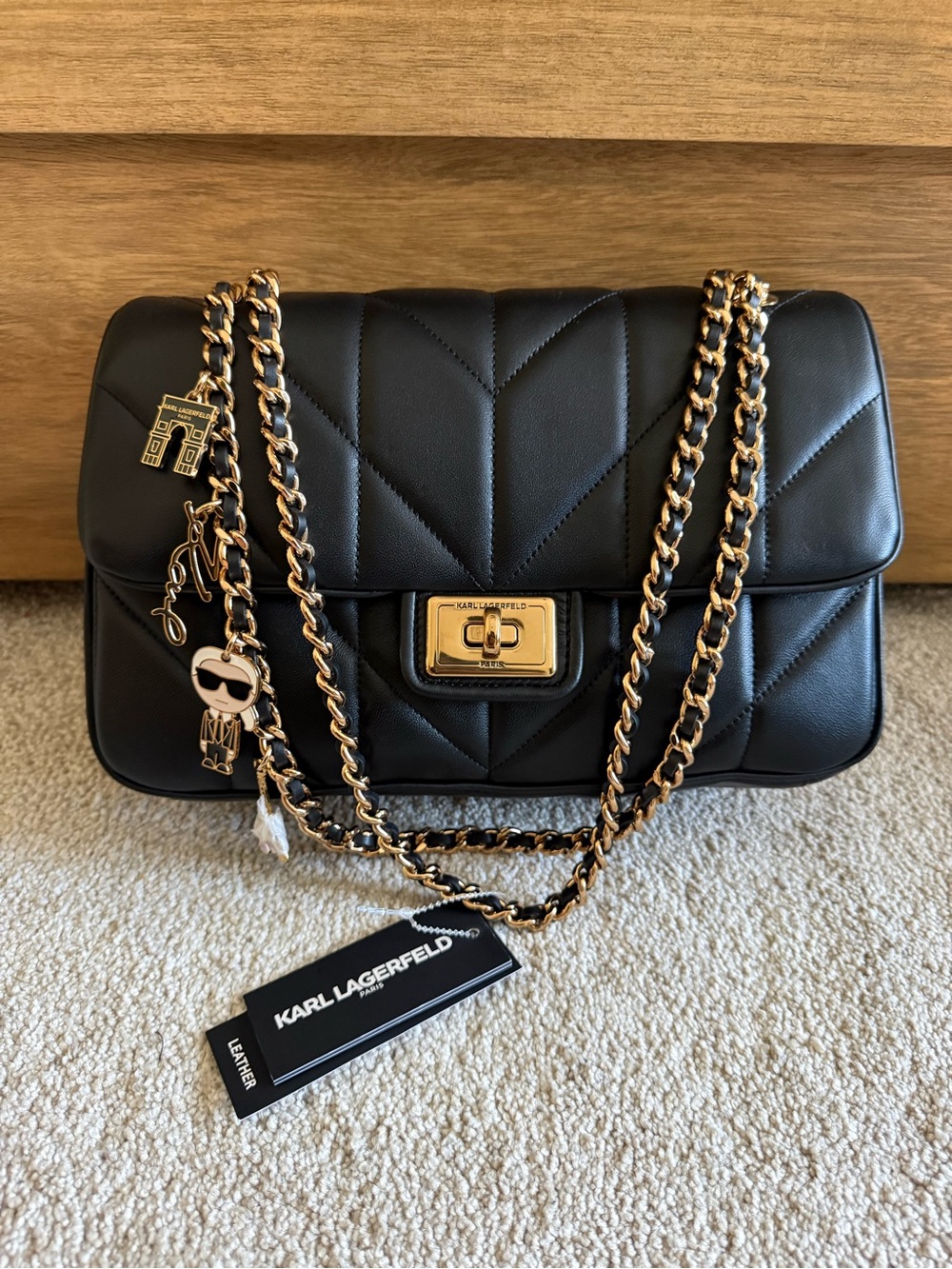 Karl Lagerfeld Black Quilted Leather Chain Crossbody with Gold Hardware